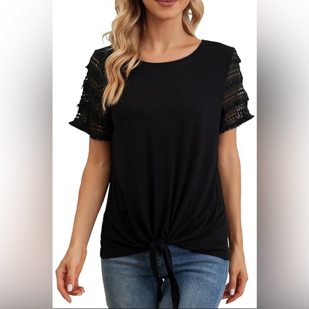 INC International Concepts Black Blouse with Layered Lace Sleeves